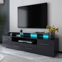 Modern; Stylish Functional TV stand with Color Changing LED Lights; Universal Entertainment Center; High Gloss TV Cabinet for 70+ inch TV; Black