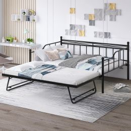 Full Size Metal Daybed with Twin Size Adjustable Trundle; Portable Folding Trundle; Black(OLD SKU:MF293736AAB)