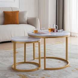 Modern Nesting coffee table; golden  metal frame with marble color top-23.6"