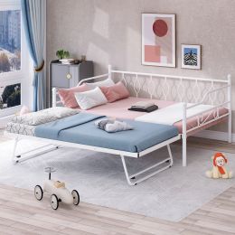 Full Size Metal Daybed with Twin Size Adjustable Trundle; Portable Folding Trundle; White(OLC SKU:MF293730AAK)