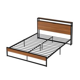 Queen Size Metal Platform Bed Frame with Sockets; USB Ports and Slat Support ; No Box Spring Needed Black