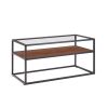 40.16" Glass Coffee Table; 2 Tier Rectangular Modern Center Table; Living Room Table; Black Metal Reversable Walnut and Cement ash