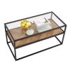 40.16" Glass Coffee Table; 2 Tier Rectangular Modern Center Table; Living Room Table; Black Metal Reversable Chevron Oak and Pine