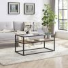 40.16" Glass Coffee Table; 2 Tier Rectangular Modern Center Table; Living Room Table; Black Metal Reversable Chevron Oak and Pine