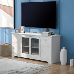 TV Stand for TV up to 65in with 4 Doors Adjustable Panels Open Style Cabinet; Sideboard for Living room; White