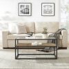 40.16" Glass Coffee Table; 2 Tier Rectangular Modern Center Table; Living Room Table; Black Metal Reversable Chevron Oak and Pine