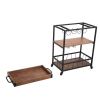 3-Tier Industrial Bar Serving Cart, Mobile Kitchen Storage Cart with Casters and Removable Tray, Wood Metal Serving Trolley for Home Dining Room, Brow