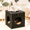 Rattan Cat Litter; Cat Bed with Rattan Ball and Cushion; Black