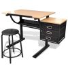 vidaXL Three Drawers Tiltable Tabletop Drawing Table with Stool