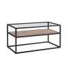 40.16" Glass Coffee Table; 2 Tier Rectangular Modern Center Table; Living Room Table; Black Metal Reversable Chevron Oak and Pine