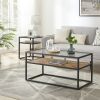 40.16" Glass Coffee Table; 2 Tier Rectangular Modern Center Table; Living Room Table; Black Metal Reversable Chevron Oak and Pine