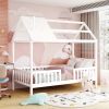 Twin Size Wood House Bed with Fence; White