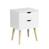 Side Table with 2 Drawer and Rubber Wood Legs;  Mid-Century Modern Storage Cabinet for Bedroom Living Room Furniture;  White