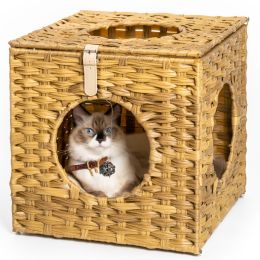 Rattan Cat Litter; Cat Bed with Rattan Ball and Cushion; yellowish brown