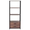 Home Office 4-Tier Bookshelf;  Simple Industrial Bookcase Standing Shelf Unit Storage Organizer with 4 Open Storage Shelves and Two Drawers;  Brown