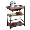 3-Tier Industrial Bar Serving Cart, Mobile Kitchen Storage Cart with Casters and Removable Tray, Wood Metal Serving Trolley for Home Dining Room, Brow