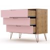 Manhattan Comfort Rockefeller Mid-Century- Modern Dresser with 3-Drawers in Nature and Rose Pink