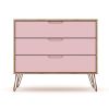 Manhattan Comfort Rockefeller Mid-Century- Modern Dresser with 3-Drawers in Nature and Rose Pink