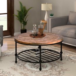 TREXM Rustic Natural Round Coffee Table with Storage Shelf for Living Room; Easy Assembly (Round)