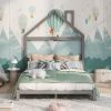 Full Size Wood Platform Bed with House-shaped Headboard (Gray)