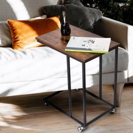 C Shaped End Side Table; Vintage Sofa Couch Table with Wheel; Industrial Bedside Table with Metal Frame for Living Room; Bedroom; Rustic Brown