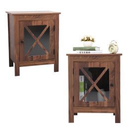 Set of 2 Nightstand, Bedside Furniture with X-Shaped Door, Bedroom End Table, Light Walnut