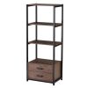 Home Office 4-Tier Bookshelf;  Simple Industrial Bookcase Standing Shelf Unit Storage Organizer with 4 Open Storage Shelves and Two Drawers;  Brown