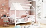 Twin Size Wood House Bed with Fence; White