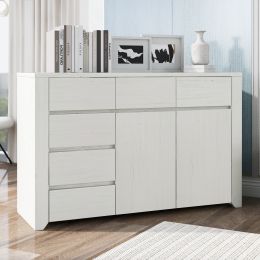 Off White Simple Style Manufacture Wood Dresser with Gray Wood Grain Sticker Surfaces Six Drawers and Two Level Cabinet Large Storage Space for Living