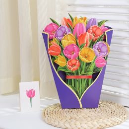 3D Pop Up Flower Bouquet Paper Flowers Cards; Forever Flower Bouquet Birthday Gift Greeting Cards With Note Card And Envelope For Women Girls Wife Mom (Items: Tulip)