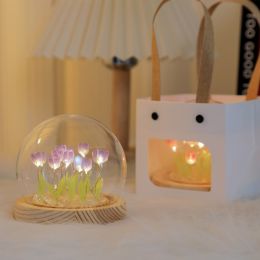 1pc Tulips Gifts For Women Flower Gifts For Her Gifts For Women Birthday Xmas Gift For Mom; Artificial Decor In Glass Dome With Led Light Night Light; (Color: 10 Finished Purple Tulips + Gift Bag)