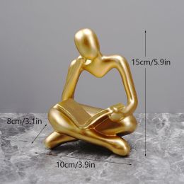 NORTHEUINS Reading Man Resin Figurine for Study Room Desktop Abstract Thinker Figure Ornament Home Living Room Office Decoration (Color: Golden Left)