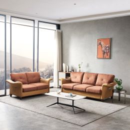 Living Room Furniture Linen Fabric Faux Leather with Wood Leg 2+3 Sectional (Dark Grey) (Color: Brown)