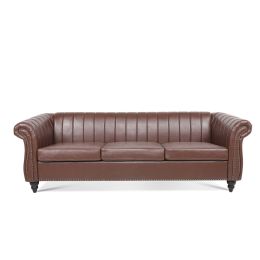 83.46''  PU Rolled Arm Chesterfield Three Seater Sofa. (Color: Dark Brown)