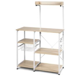 4-tier Kitchen Baker's Rack with Basket and 5 Hooks (Color: Natural)