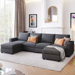 3 Pieces U shaped Sofa with Removable Ottomans (Color: Gray)