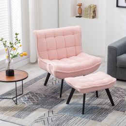 Modern Soft Velvet Fabric Material Large Width Accent Chair Leisure Chair Armchair TV Chair Bedroom Chair With Ottoman Black Legs For Indoor Home And (Color: Pink Teddy)