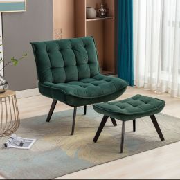 Modern Soft Velvet Fabric Material Large Width Accent Chair Leisure Chair Armchair TV Chair Bedroom Chair With Ottoman Black Legs For Indoor Home And (Color: Dark Green)