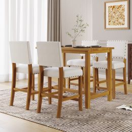 5 Piece Rustic Wooden Counter Height Dining Table Set with 4 Upholstered Chairs for Small Places;  Espresso+ Beige (Color: Natural)