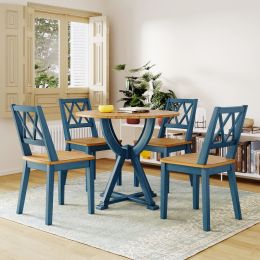 5-Piece Round Dining Table Set with Trestle Legs and 4 Cross Back Dining Chairs (Color: Antique Blue)