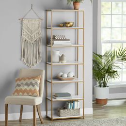 6-Shelf Gold Metal Frame Bookcase;  White (Color: White)