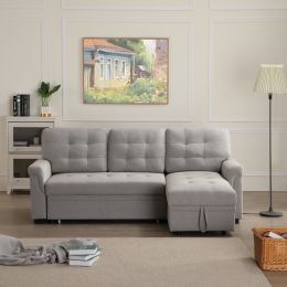 Linen Upholstered Sleeper Modular Sofa Bed Chaise Couch (Color: Light Gray)