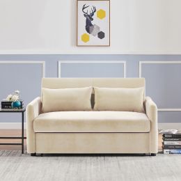 Leisure Loveseat Sofa for Living Room with 2 pillows (Color: Beige, Material: Velvet)