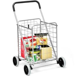 Portable Folding Shopping Cart Utility for Grocery Laundry (Color: sliver)