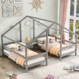 Double Twin Size Triangular House Beds with Built-in Table,Gray (Color: Gray)