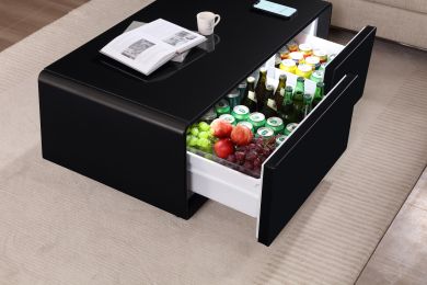 Modern Smart mini Coffee Table with Built in Fridge, Outlet protection,Wireless charging module,Mechanical temperature control,Power socket,USB interf (Color: Black)