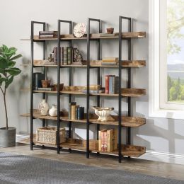 5 Tier Bookcase Home Office Open Bookshelf, Vintage Industrial Style Shelf with Metal Frame, MDF Board (Color: Brown)