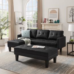 Faux Leather Sectional sofa bed ;  L-shape Sofa Chaise Lounge with Ottoman Bench (Color: Black)