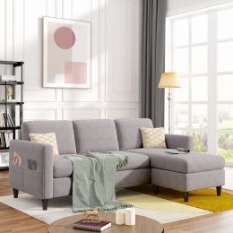 Reversible Sectional Sofa with Handy Side Pocket; Living Room L-Shape 3-Seater Couch with Modern Linen Fabric for Small Space (Color: Gray)