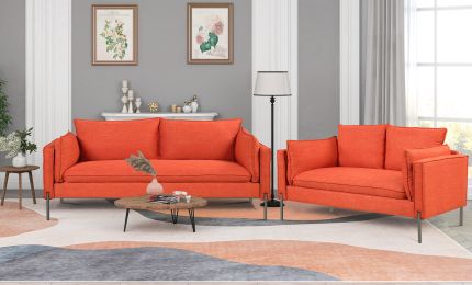 2 Piece Sofa Sets Modern Linen Fabric Upholstered Loveseat and 3 Seat Couch Set Furniture for Different Spaces; Living Room; Apartment(2+3 seat) (Color: Orange)